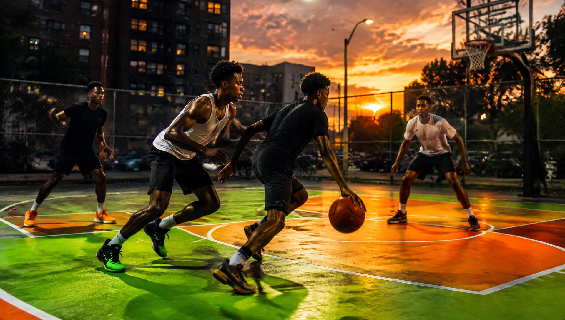 Partita di basket su un campetto di quartiere al tramonto
